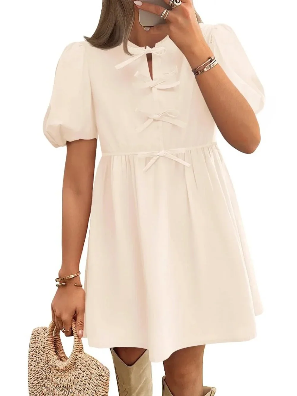 Zesica Women's Small Apricot Color Tie Front Ruffle Tunic Babydoll Dress 70% off